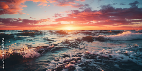 Vibrant sunset over ocean waves with dramatic clouds in the evening sky.