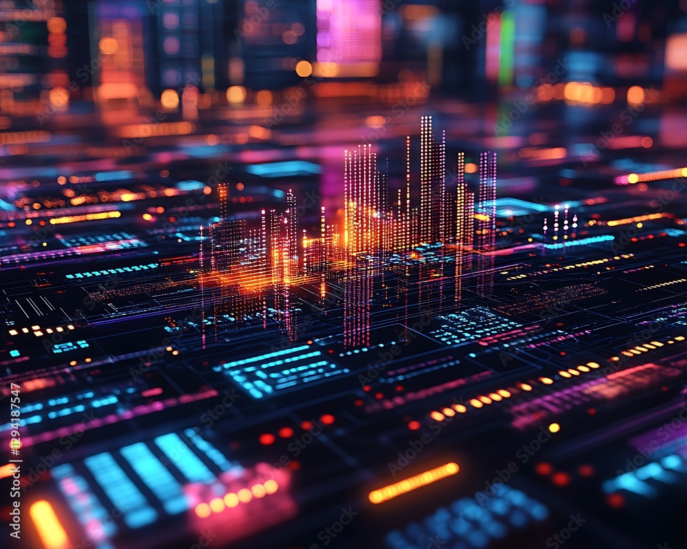 Obraz premium Digital city rising, data streams