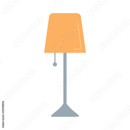 Flat vector illustration of a modern table lamp with an orange lampshade and pull chain, perfect for interior design graphics, home decor themes, cozy lighting concepts, or furniture-related illustrat
