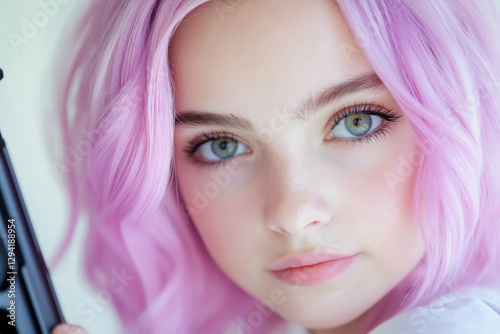 Wallpaper Mural Close Up Portrait of Young Woman with Pastel Pink Hair and Green Eyes Torontodigital.ca