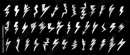 Set of lightning by wax pen drawing. Collection of handdrawing chalk , light flash signs, Doodle thunder bolts, white color design elements. Graffiti style weather symbols. Vector illustration