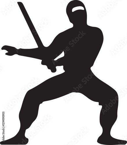 Illustration of a stickman ninja holding a samurai sword in a battle stance