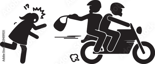 Illustration of two robbers on a motorcycle grabbing a woman's bag as she runs and screams while chasing them