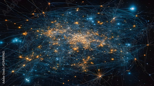 Abstract image depicting a complex network of interconnected nodes, resembling a cosmic web or neural network.  Perfect for illustrating concepts of connectivity, global communication, or data flow.