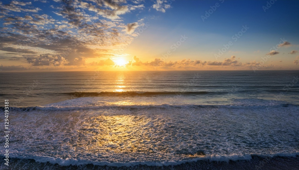 Obraz premium serene ocean view at sunrise with gentle waves and soft clouds reflecting warm light