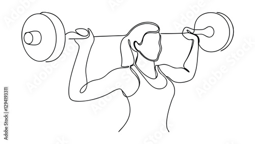 Singleline drawing of woman weightlifting, barbell, fitness, strength, exercise