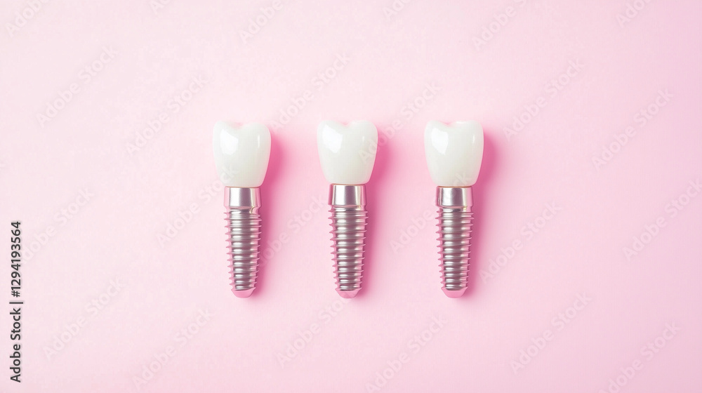 Dental implants on pastel pink background, modern dentistry and oral healthcare concept. Dental implants on pastel pink background, modern dentistry and oral healthcare concept.