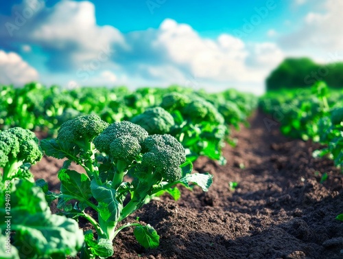 Fresh Green Broccoli Growing in Fertile Farmland under a Cloudy Sky.