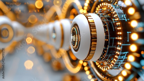Futuristic technological device with white gold and circuit board elements