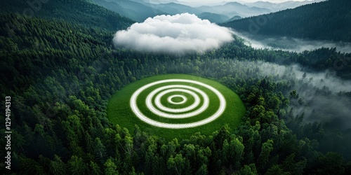ESG - Environment, Society, and Governance. Aerial view of a forest clearing with circular patterns in vibrant green grass.