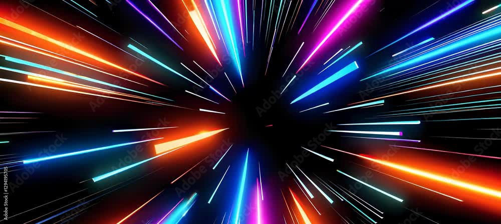Dynamic neon light streaks exploding into a vibrant galactic burst on black background