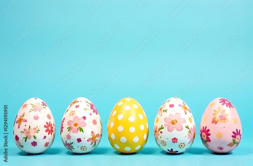Fototapeta premium Easter eggs with floral patterns on a blue background