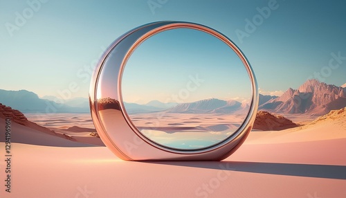 circular mirror stands in a pastel colored desert reflecting distant mountains under a clear sky creating a surreal and dreamlike landscape