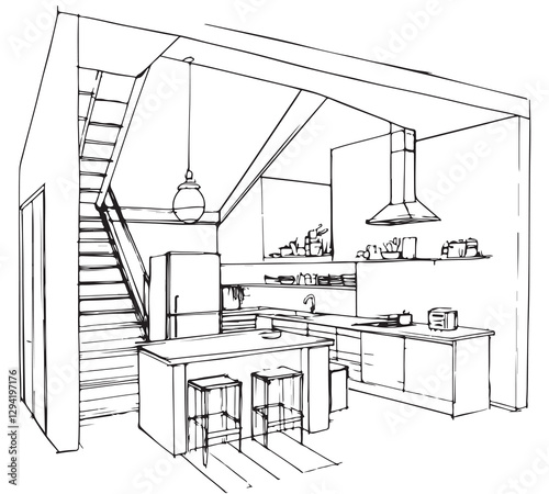 Interior sketch of kitchen room. Outline design of kitchen with modern furniture and island
