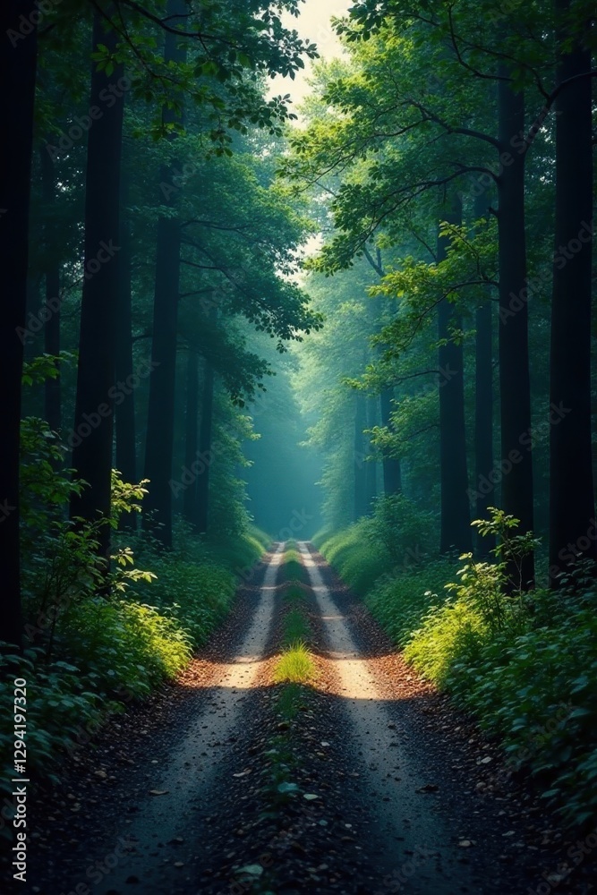 Fototapeta premium Dark shadowed forest path, winding road disappearing into dense trees , forest track, Forest road, travel