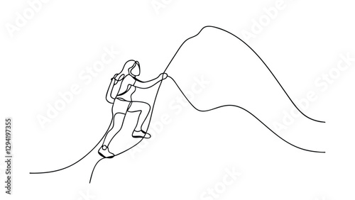 Woman Climber Ascends Mountain Peak, Line Art, Hiking Adventure