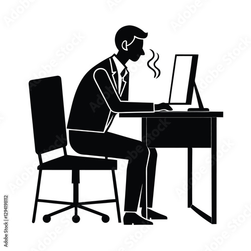 Serene office worker silhouette taking a deep breath while seated at desk calmly