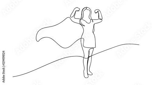 A singleline drawing depicts a woman superhero, cape billowing, flexing biceps. She stands confidently atop a hill, symbolizing strength and empowerment.