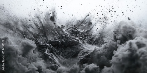 Explosive eruption of dust and debris creates dramatic cloud formation in a monochromatic landscape