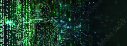 Digital human composed of binary code, standing in front of array of green and black data streams. Background filled with vertical lines of numbers and symbols, codes.