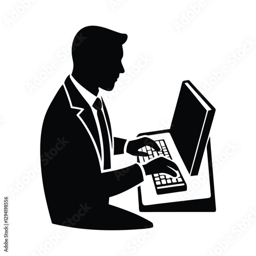 Diligent office worker silhouette typing on keyboard while engaged in important digital tasks on white
