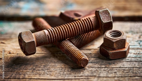 closeup of rusty iron bolts on weathered wooden surface depicting decay and industrial heritage