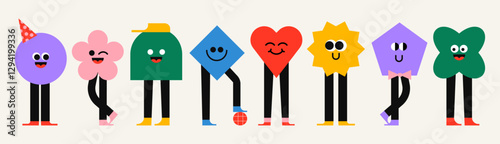 Cute geometric figures with faces. Isolated cartoon heads with eyes and emotions. Group of geometric characters. Funny drawings with childish style. Flat vector illustrations.