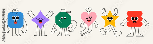 Cute geometric figures with faces. Isolated cartoon heads with eyes and emotions. Group of geometric characters. Funny drawings with childish style. Flat vector illustrations.