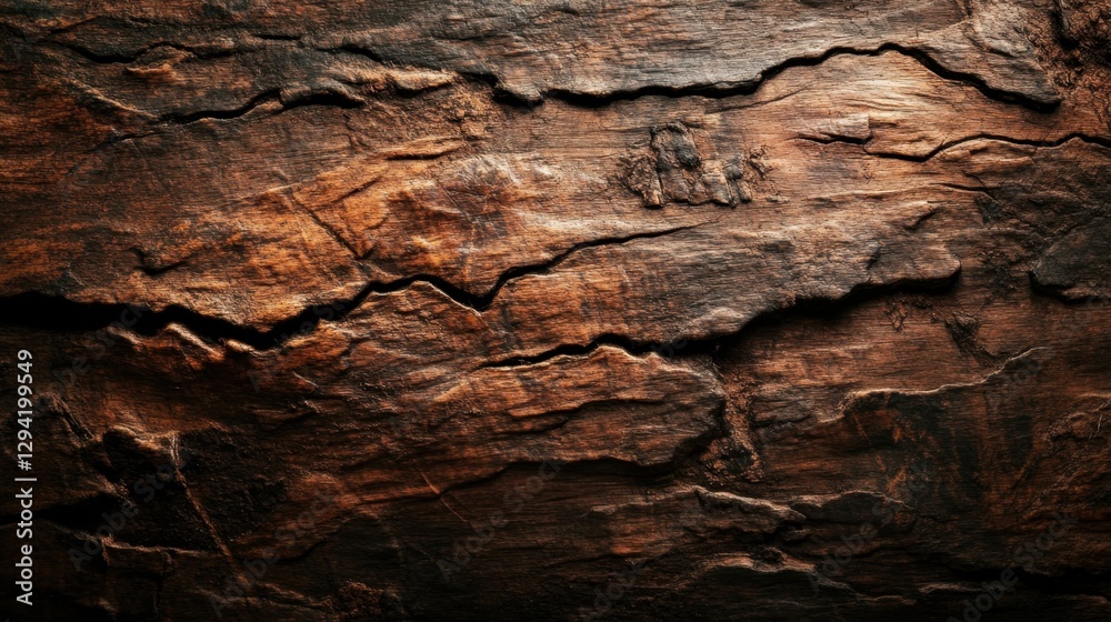 Close-up of a textured old wood surface with deep cracks and rough grain, rich brown tones, dramatic lighting highlighting the details Close-up of a textured old wood surface with deep cracks and rough grain, rich brown tones, dramatic lighting highlighting the details