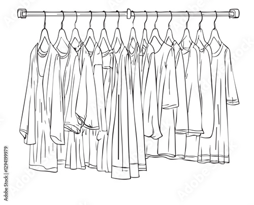 Hand drawn wardrobe sketch. Clothes on the hangers
