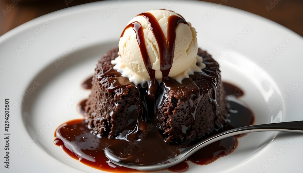 Small round chocolate lava cake with vanilla ice cream on top, drizzled in fudge sauce and melting into the center of its white plate Small round chocolate lava cake with vanilla ice cream on top, drizzled in fudge sauce and melting into the center of its white plate