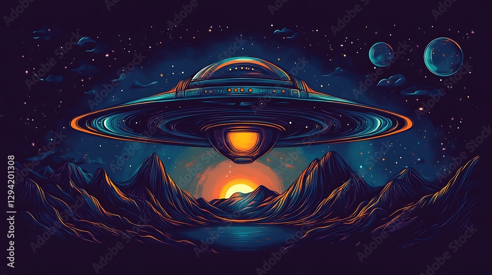 Alien craft over mountain range sunrise. Graphic Alien craft over mountain range sunrise. Graphic