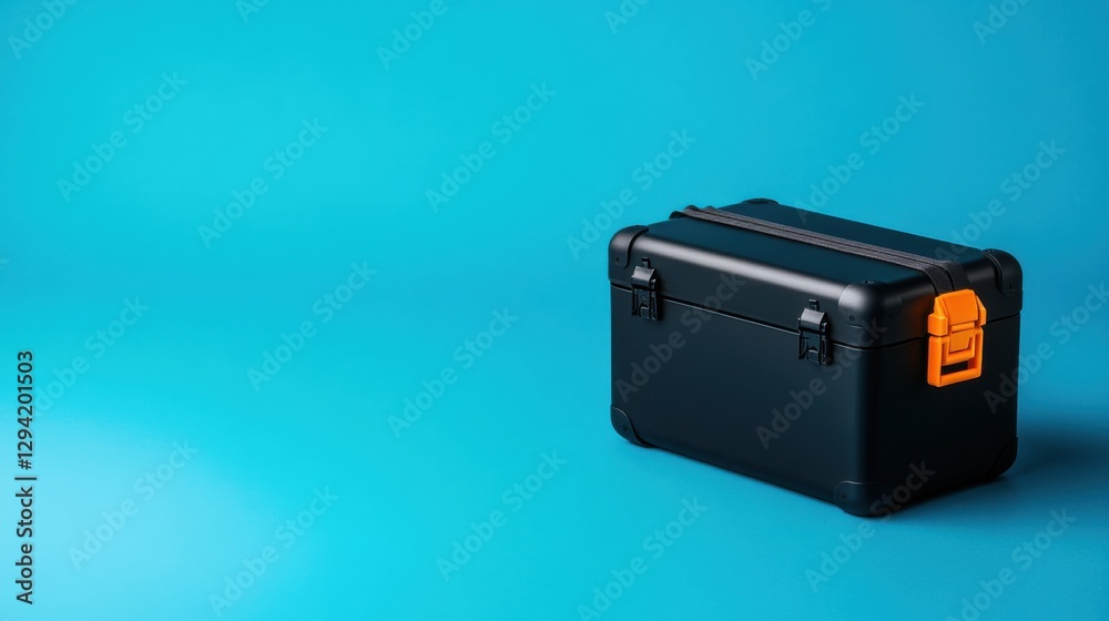 Black Storage Box with Orange Fastening on Bright Blue Background for Organization, Travel, and Safety Needs Black Storage Box with Orange Fastening on Bright Blue Background for Organization, Travel, and Safety Needs