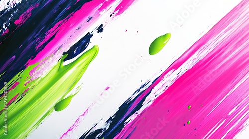Bold fuchsia and lime green paint splashes dotted with translucent navy blue strokes blending into the background