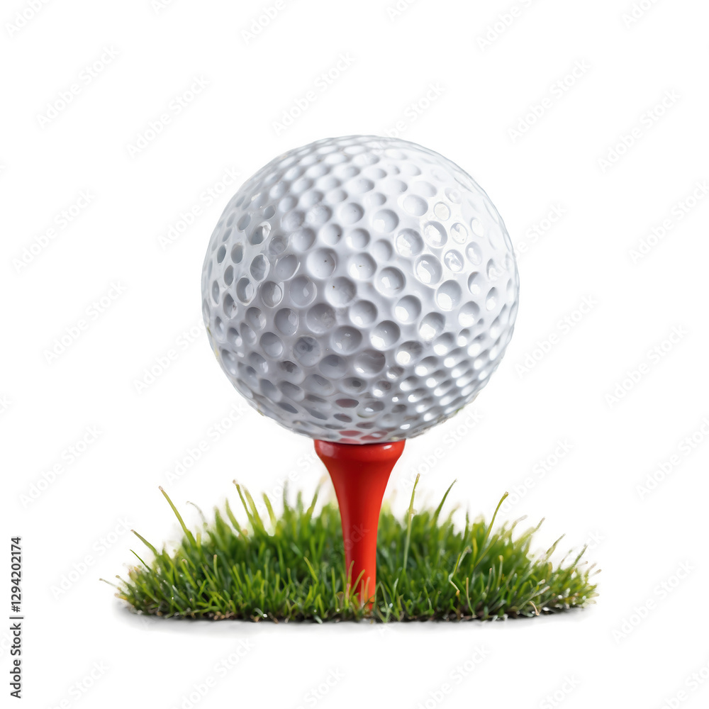 White golf ball sits on red tee. Green grass surrounds ball. Dark black background. White golf ball sits on red tee. Green grass surrounds ball. Dark black background.