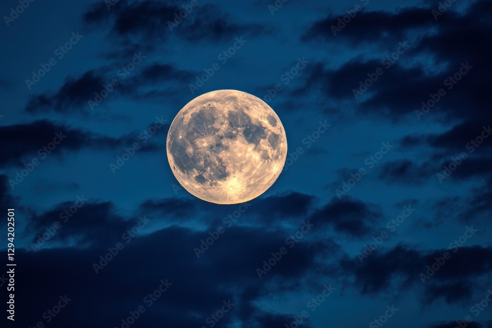 Fototapeta premium Full Pink Moon Silhouetting Against Night Sky. Beautiful Celestial Scene with Deep Blue Background