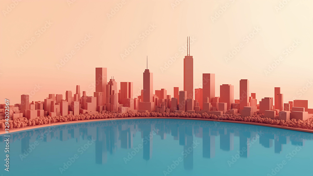 Fototapeta premium Minimalist cityscape skyline with high-rise buildings in an isometric style