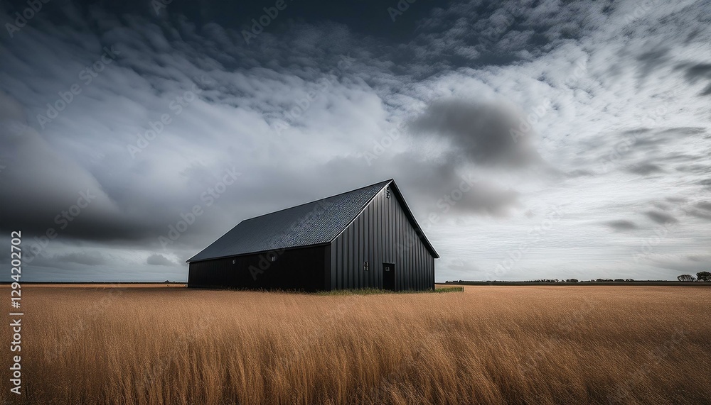 a minimalistic black barn stands isolated in a vast open field under a dramatic cloudy sky showcasing rural simplicity and a striking modern aesthetic a minimalistic black barn stands isolated in a vast open field under a dramatic cloudy sky showcasing rural simplicity and a striking modern aesthetic