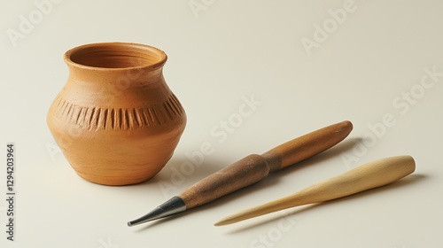 A clean workspace with pottery tools and a freshly thrown vase. background