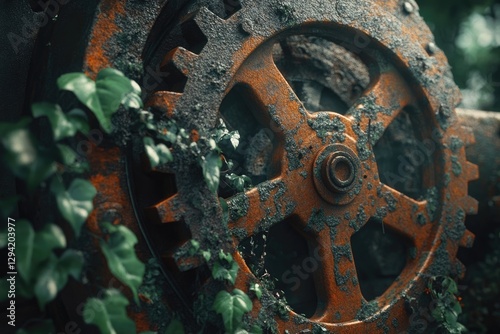Rusty gear wheel overgrown with moss and ivy, a relic of forgotten industry reclaimed by nature.