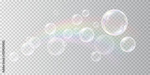 Iridescent soap bubbles in various sizes shimmer with rainbow reflections against a checkered transparent backdrop. The elegant, airy elements add a magical, dreamy touch to any composition.