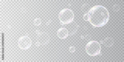 Transparent soap bubbles with a soft rainbow glow floating in the air. The delicate, iridescent spheres create a dreamy, light, and playful atmosphere, perfect for backgrounds, designs, and creative v