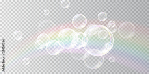 A collection of floating, translucent bubbles reflecting pastel rainbow hues on a transparent background. These light, airy spheres evoke a sense of purity, freshness, and whimsical beauty.