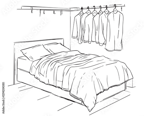Bedroom with wardrobe clothes sketch