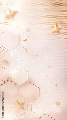 Background vector with hexagon shapes in a light peach color and golden lines
