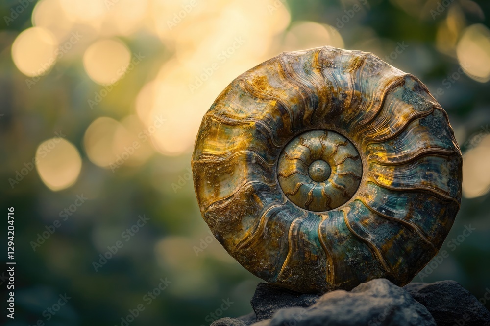 A mesmerizing ammonite fossil, beautifully preserved, showcases intricate spiral patterns against a soft, bokeh background. A mesmerizing ammonite fossil, beautifully preserved, showcases intricate spiral patterns against a soft, bokeh background.
