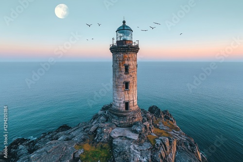 A solitary lighthouse stands on a rocky outcrop, overlooking a calm sea under a full moon. photo