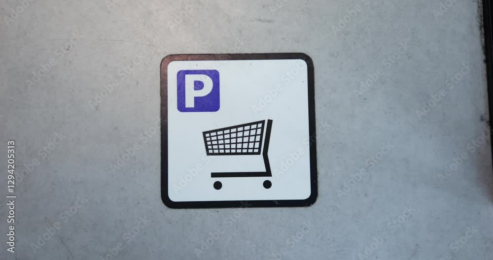 WARSAW, POLAND - MARCH 10 2023: Sign on wall with dashed lines indicates parking area for shopping carts. Mark features P symbol in top corner and shopping cart icon in center