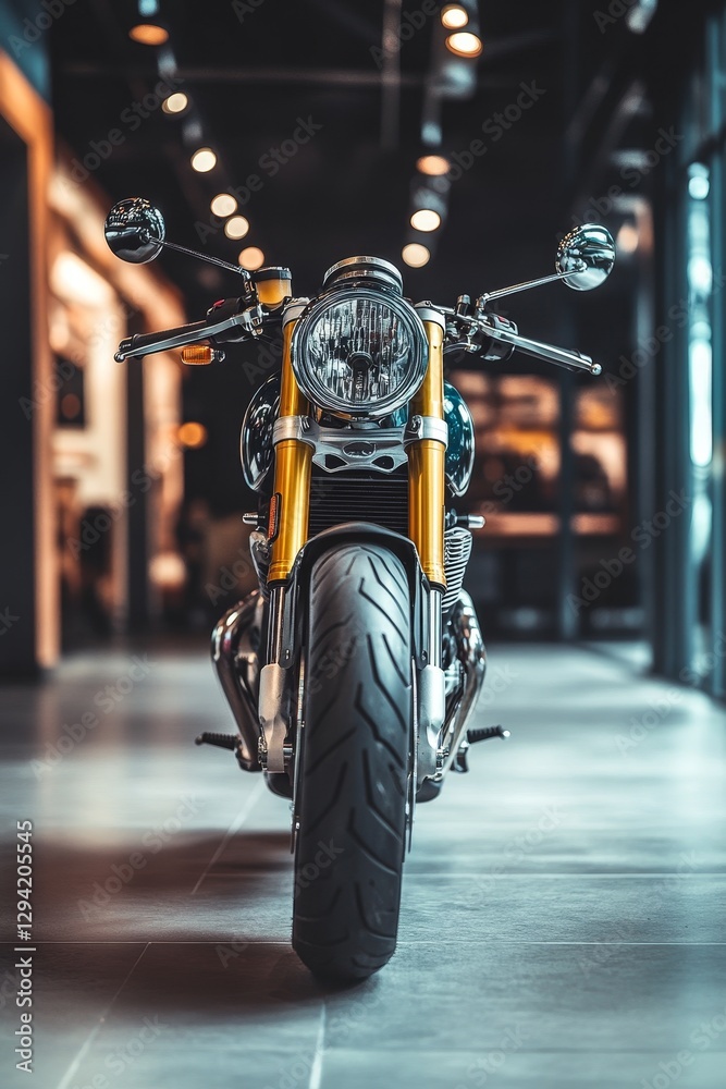 Fototapeta premium Sleek motorcycle front view stylish gold accents.