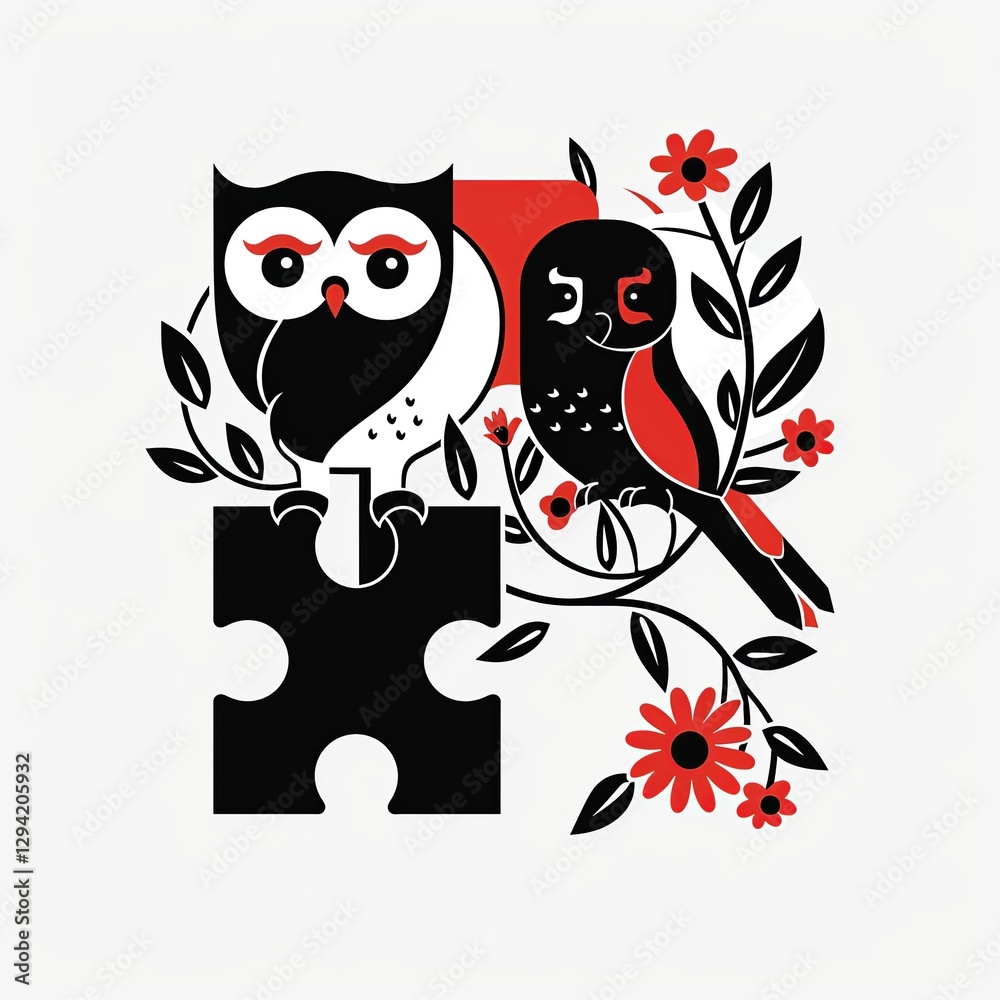 Fototapeta premium Minimalist Owl and Bird Puzzle Logo – Elegant Black and Red Vector Illustration